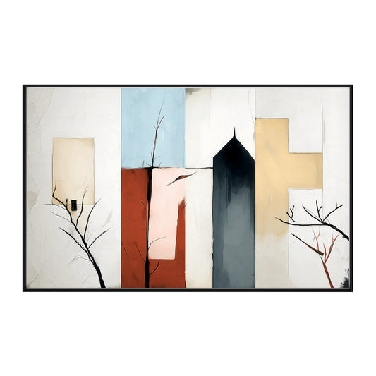 Original abstract cityscape painting. Geometric red, blue, black, and beige blocks with thin tree lines. Modern architectural art. Neutral tone.