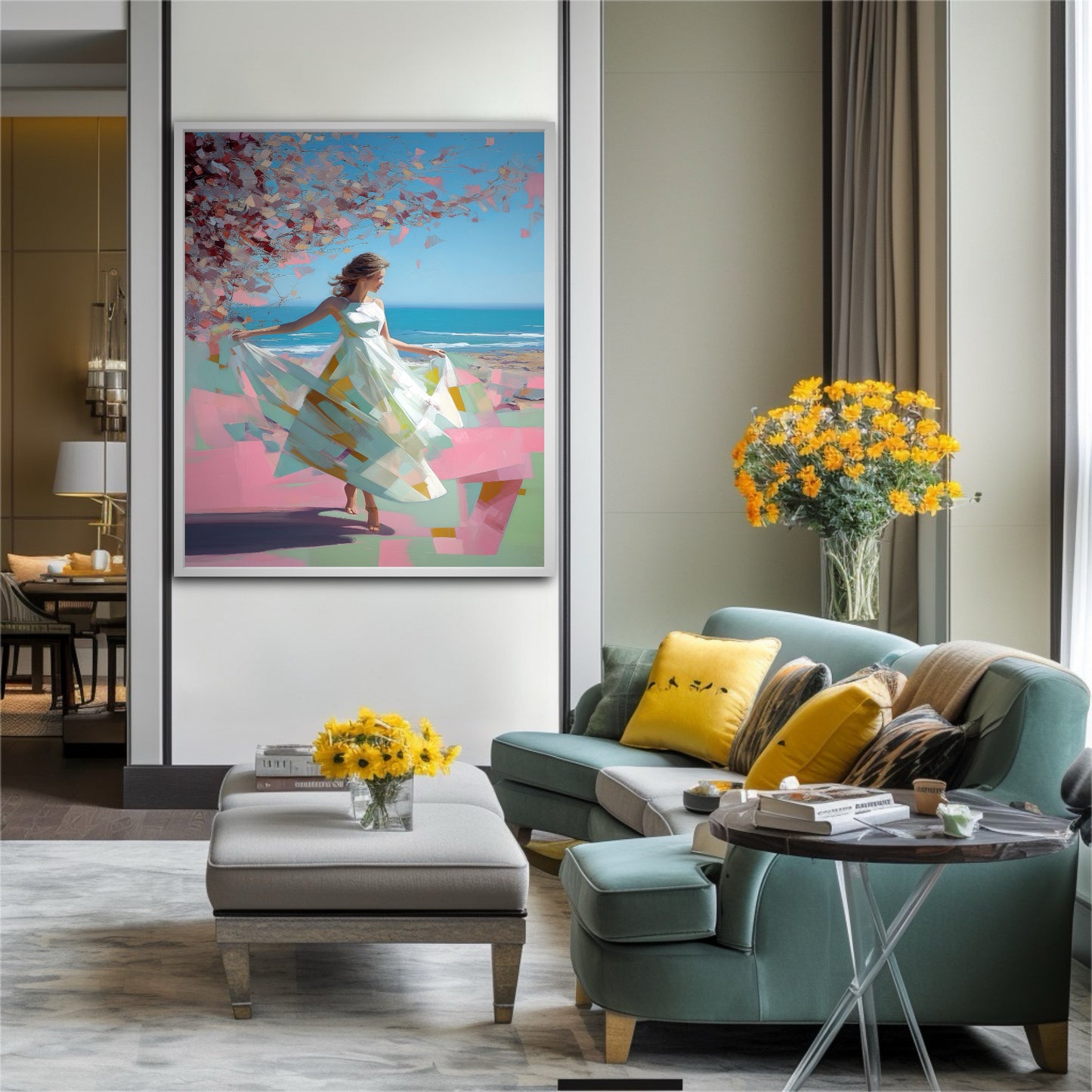 Large painting of a woman in a modern living room with a teal sofa, yellow pillows, and a large bouquet of yellow flowers.