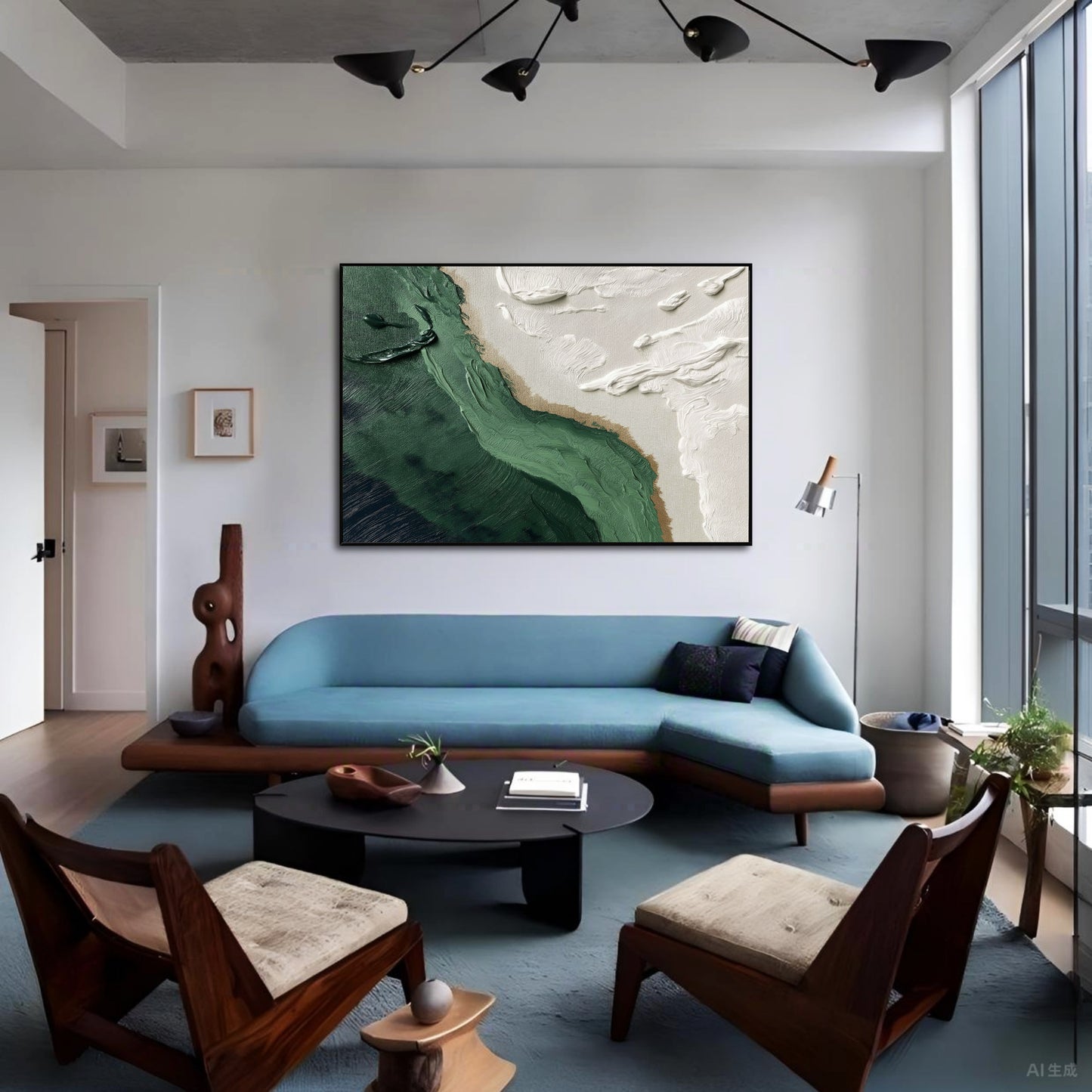 Bold green and white impasto art over a striking blue mid-century sofa, creating a high-contrast focal point in an artistic modern space.