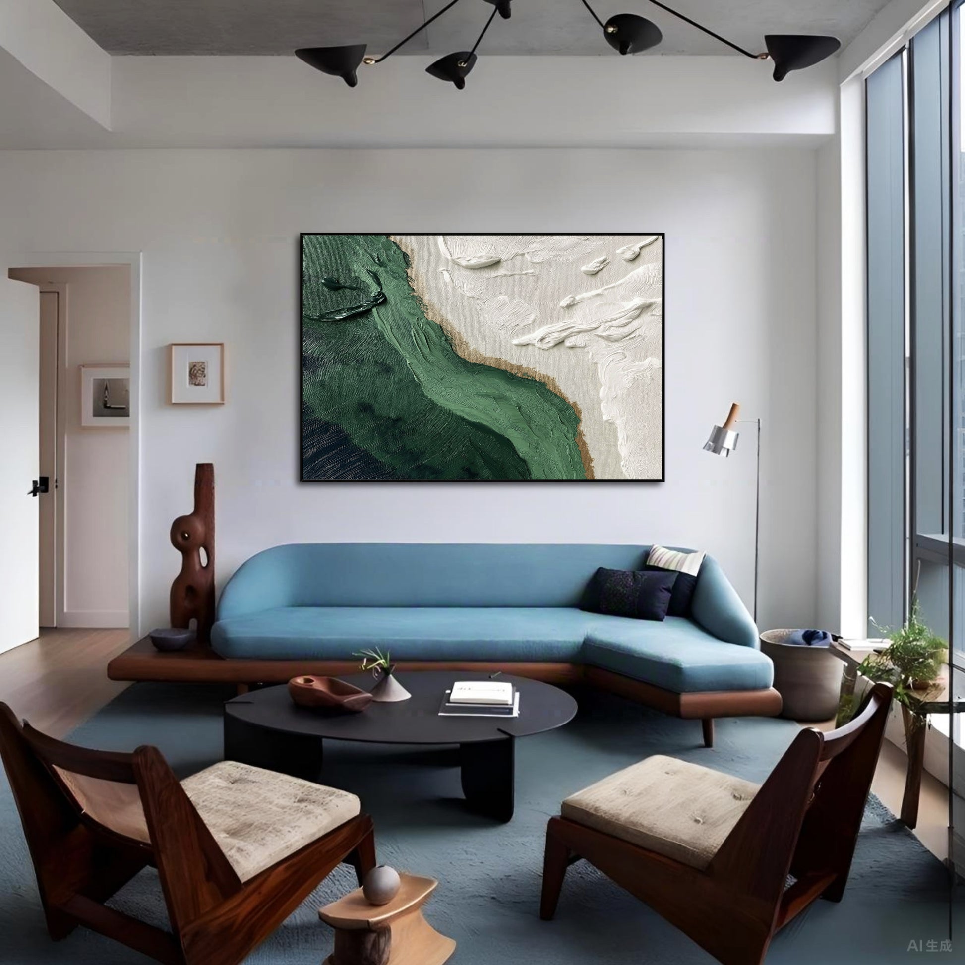 Bold green and white impasto art over a striking blue mid-century sofa, creating a high-contrast focal point in an artistic modern space.