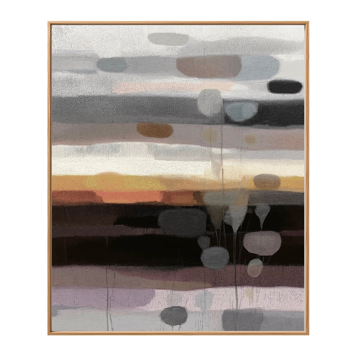 Original abstract landscape painting. Horizontal bands in neutral grey, black, and warm gold/ochre; with soft floating organic shapes.