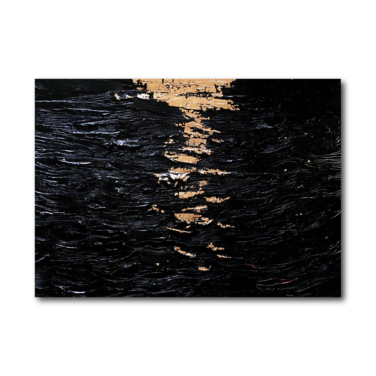 Original abstract black and gold painting with heavy impasto texture, suggesting a warm, golden light reflection on dark, moving water.