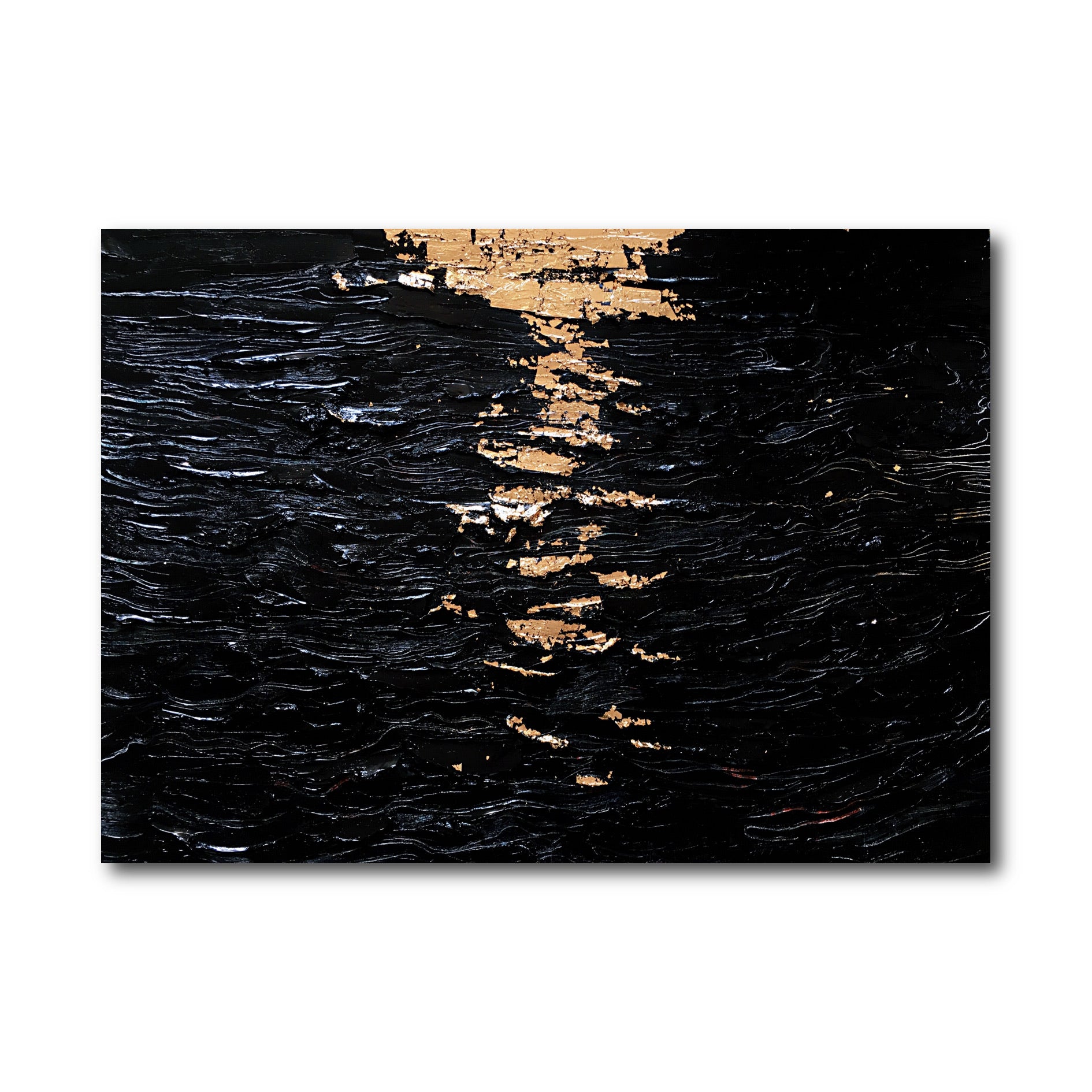 Original abstract black and gold painting with heavy impasto texture, suggesting a warm, golden light reflection on dark, moving water.