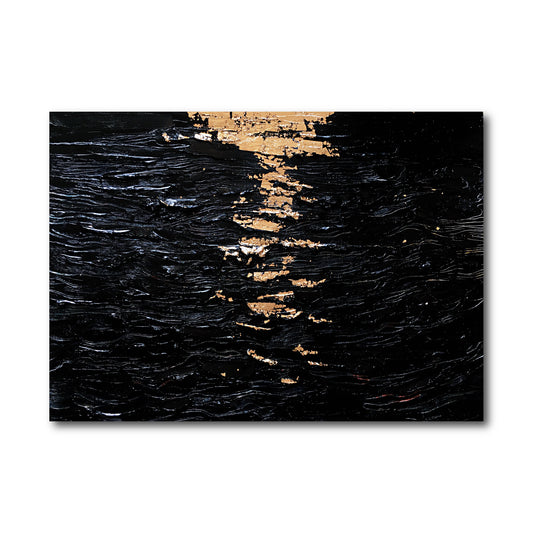 Original abstract black and gold painting with heavy impasto texture, suggesting a warm, golden light reflection on dark, moving water.