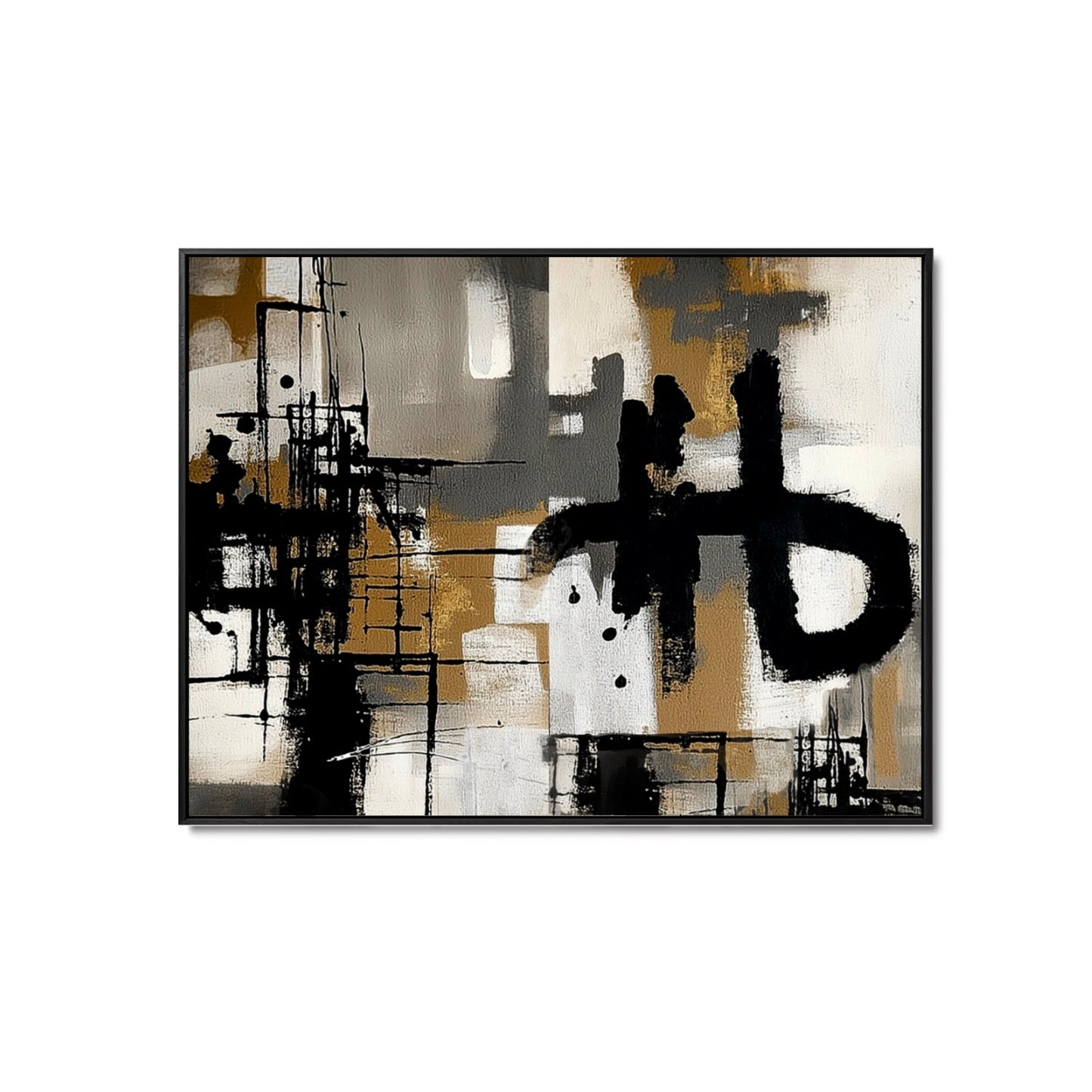 An elegant abstract hand-drawn oil painting: a horizontal city landscape in rustic strokes, cold, and brown tones.
