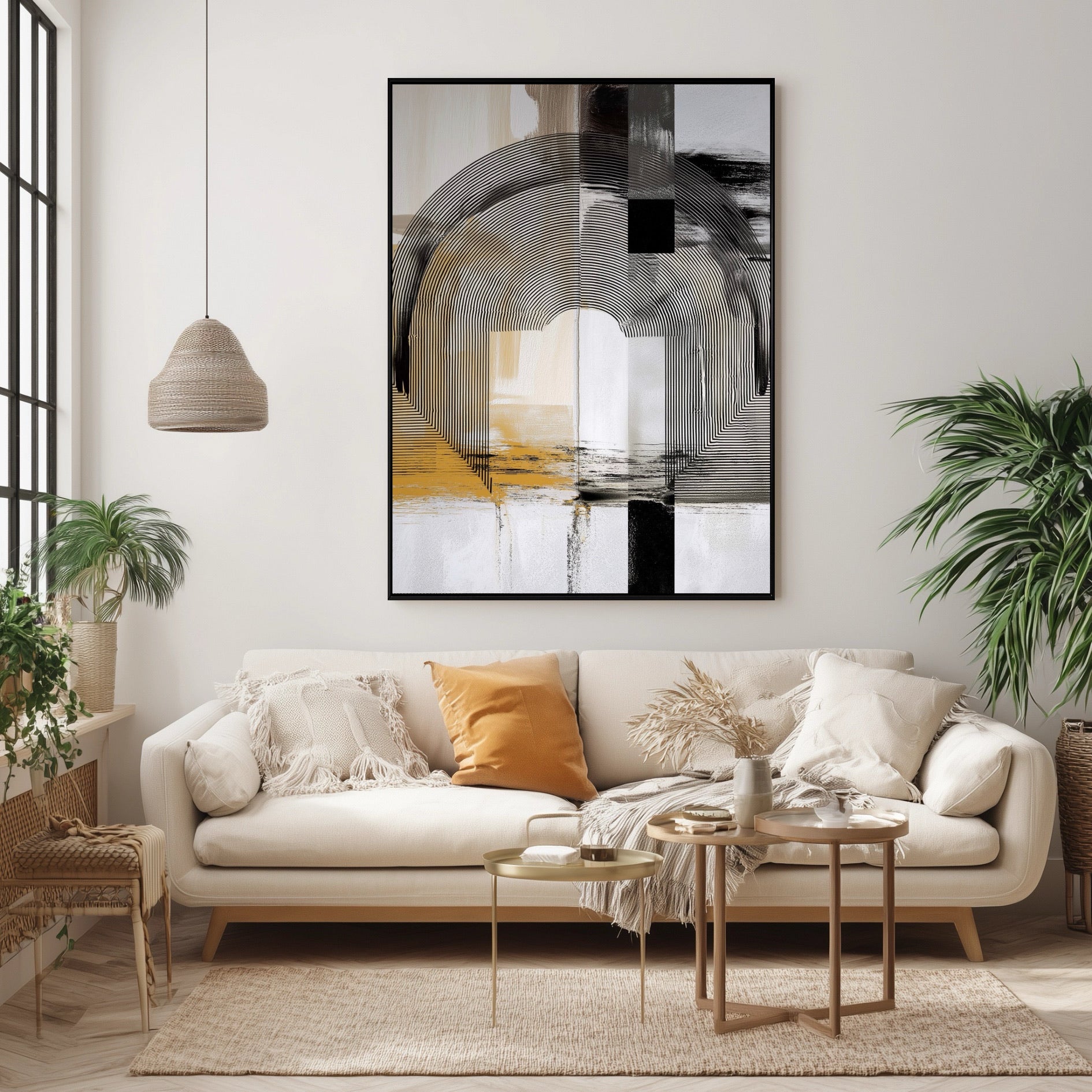 Original modern abstract art hanging over a cream sofa in a bright, boho-style living room with plants and woven textures.