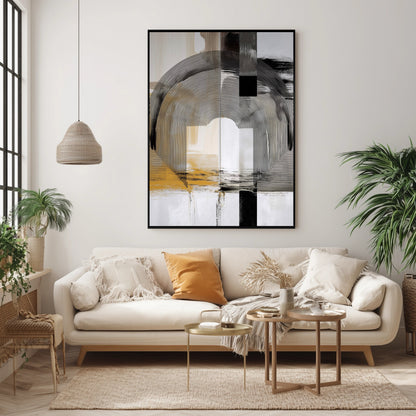 Original modern abstract art hanging over a cream sofa in a bright, boho-style living room with plants and woven textures.
