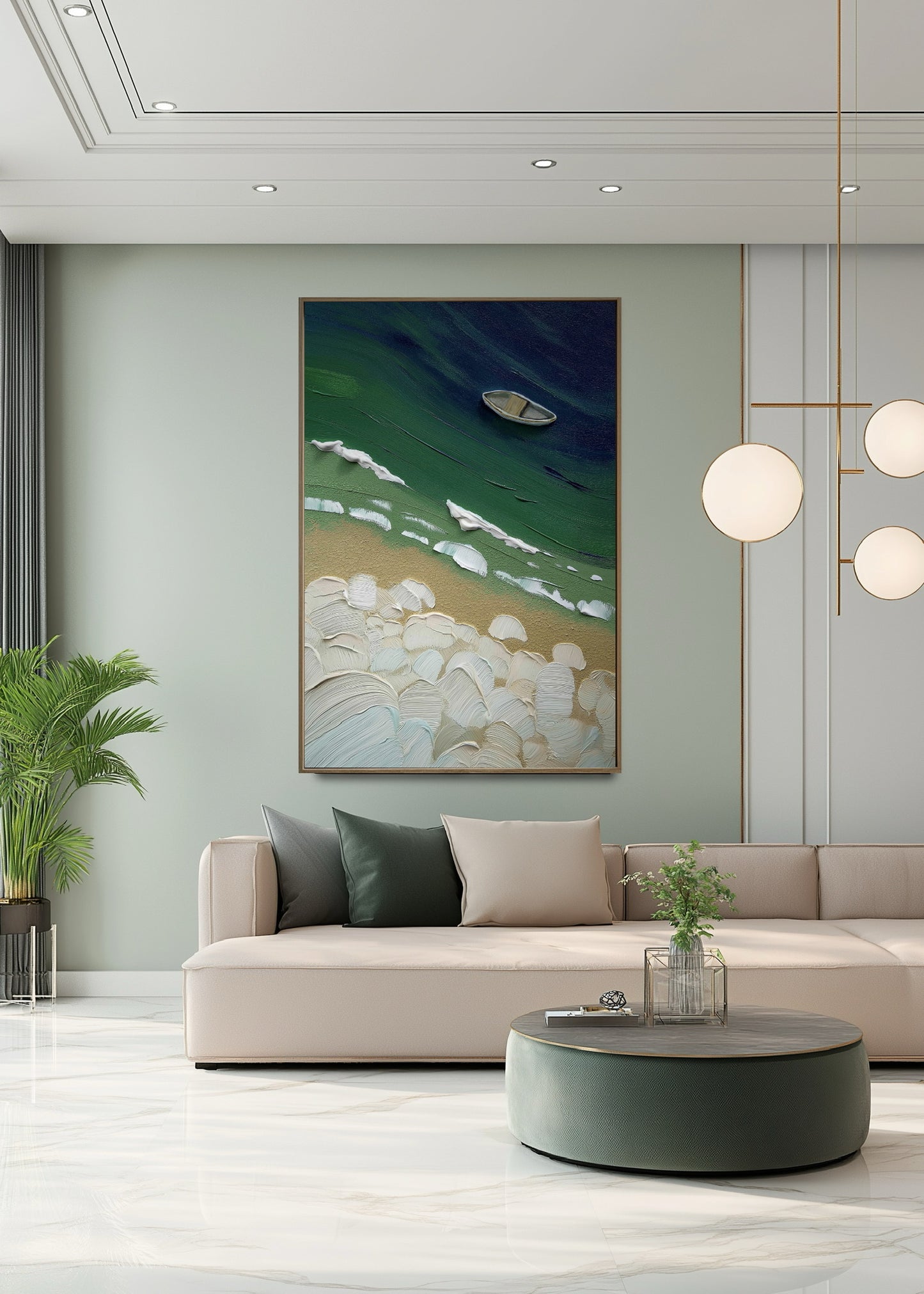 Deep emerald coastal art providing a rich color anchor on a soft sage wall, enhancing the clean lines of the modern minimalist living area.
