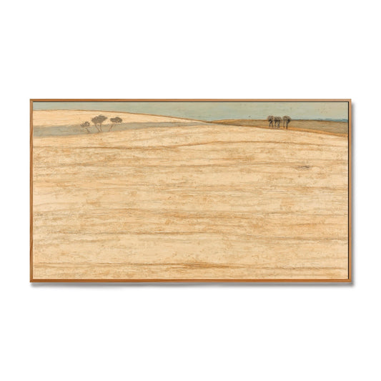 Original hand-painted minimalist landscape art with a heavily textured golden field and muted blue horizon in a warm, expansive style.