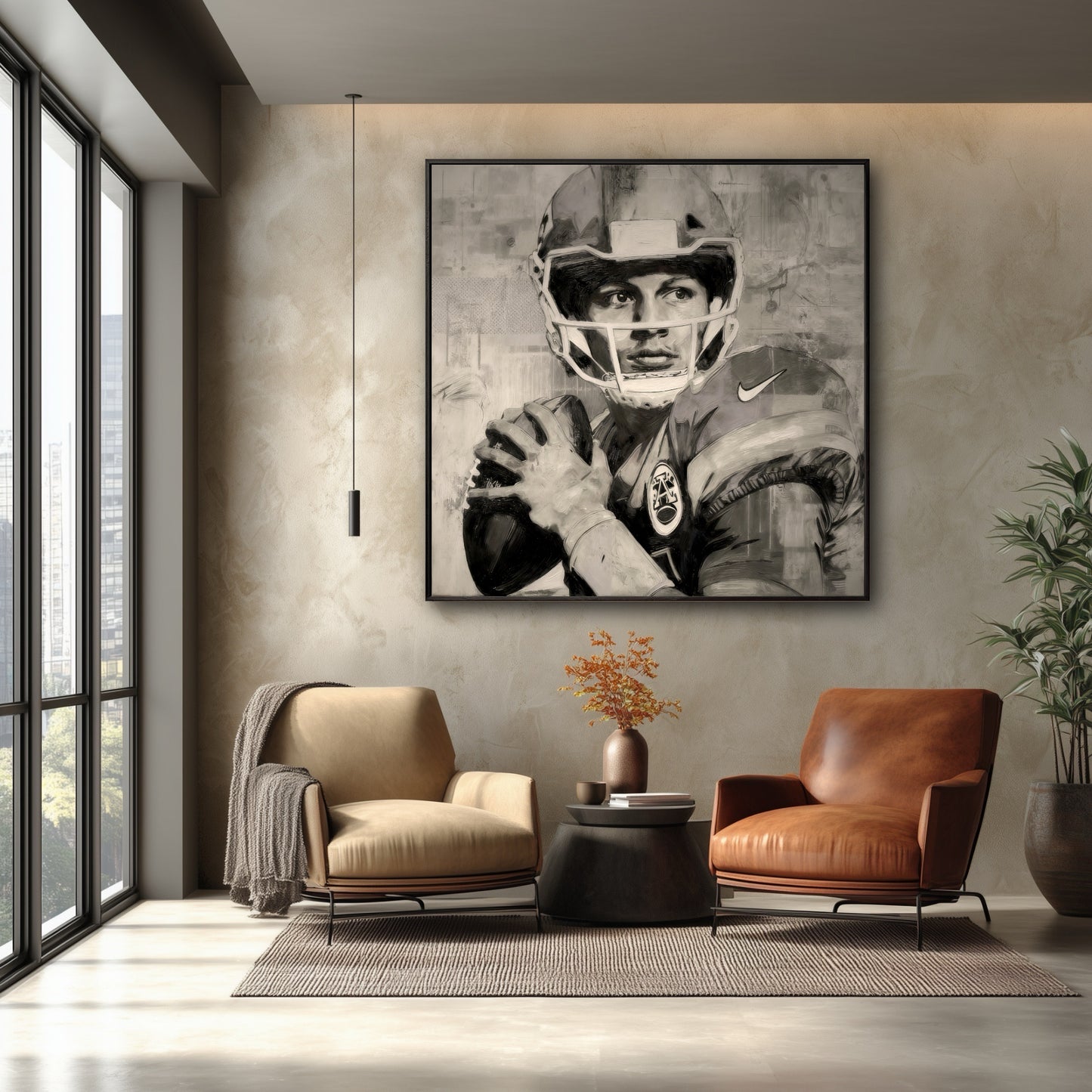 Large framed quarterback painting in a modern minimalist room with two leather armchairs and floor-to-ceiling windows.