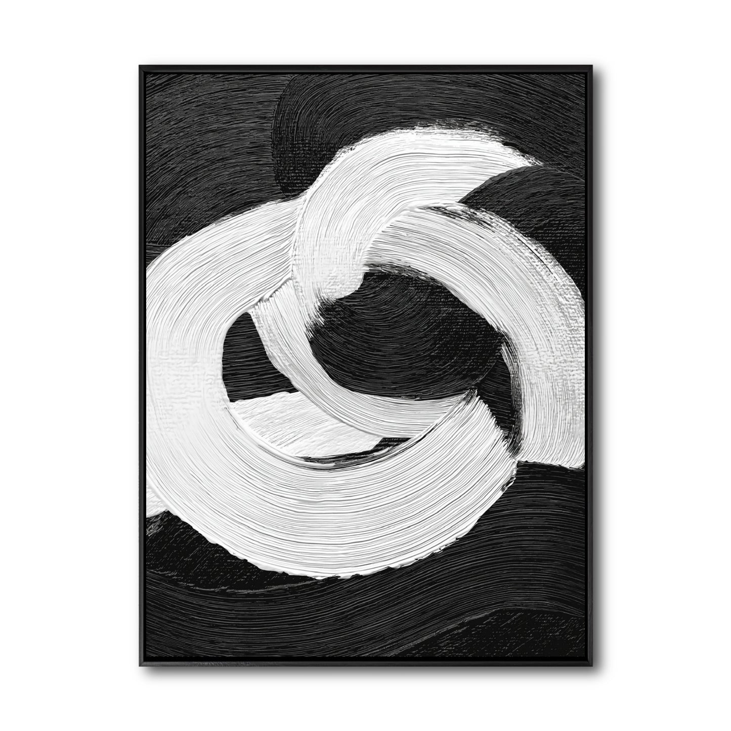 Original black and white abstract art. A high-contrast impasto painting with a bold, interlocking white brushstroke on black.