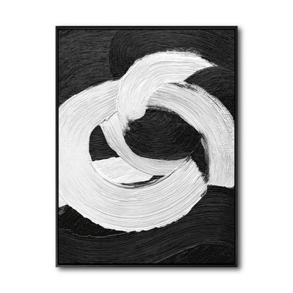 Original black and white abstract art. A high-contrast impasto painting with a bold, interlocking white brushstroke on black.