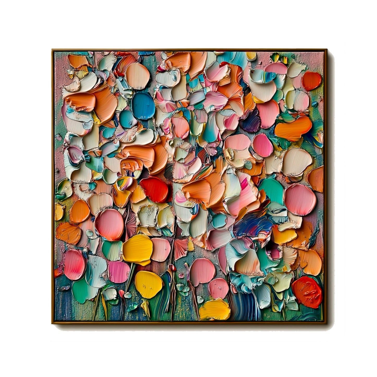 Original hand-painted abstract pop art: extreme impasto texture creates a vibrant, multi-colored floral field in warm and cool tones.