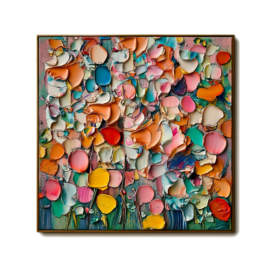Original hand-painted abstract pop art: extreme impasto texture creates a vibrant, multi-colored floral field in warm and cool tones.