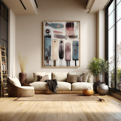 Large abstract folk art piece anchors a bohemian living room with a neutral sectional, woven chair, and natural textures by a tall window.