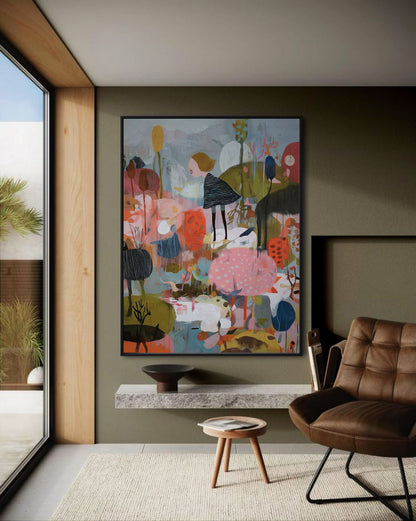 Vertical original abstract art with figures, adding a complex depth of color and story above the concrete shelf in a modern, earthy room.