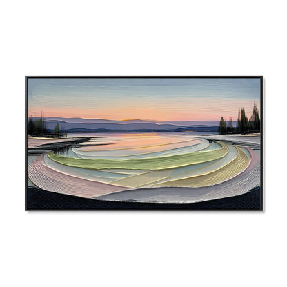 Original hand-painted abstract landscape. Neutral/warm color tone, extreme texture impasto, concentric movement, tranquil, modern vibe.