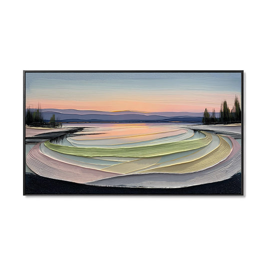 Original hand-painted abstract landscape. Neutral/warm color tone, extreme texture impasto, concentric movement, tranquil, modern vibe.