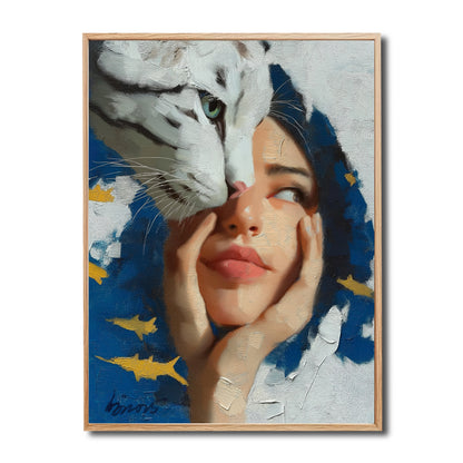 Original framed oil painting with a surrealist scene of a white tiger licking a woman's face against a blue background.