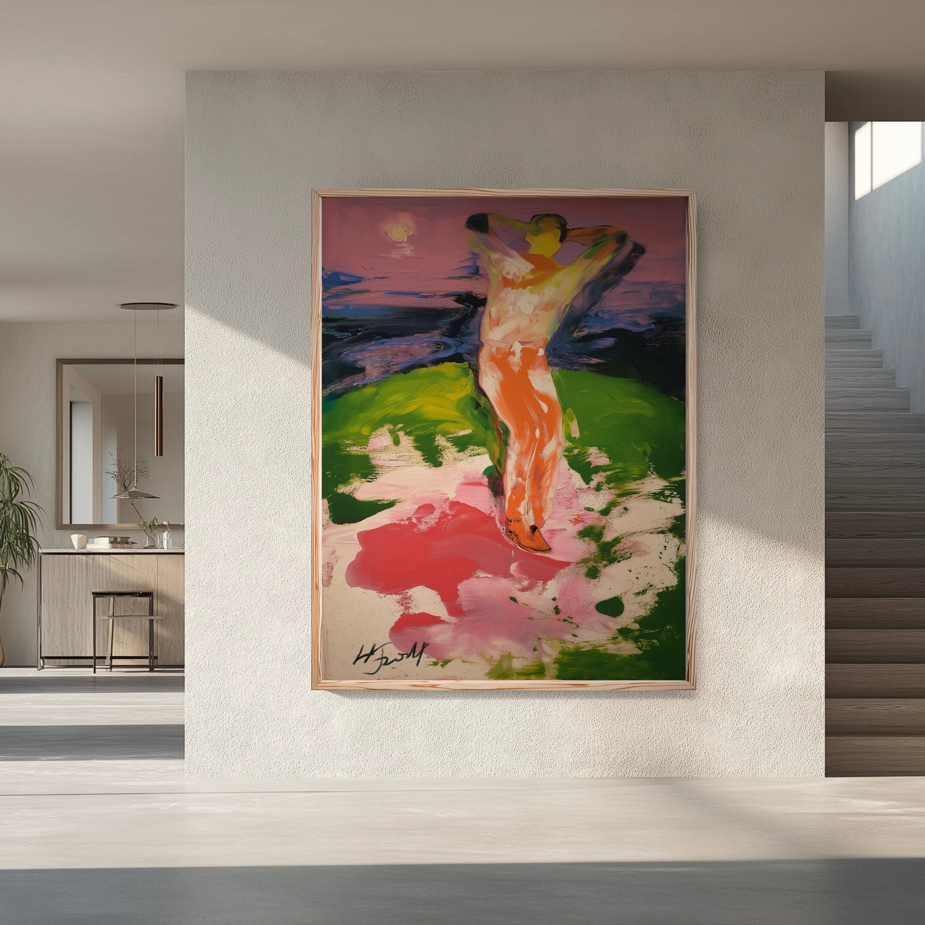 Original colorful expressionist painting in a minimal architectural hall. Bold colors act as a focal statement on the white wall.
