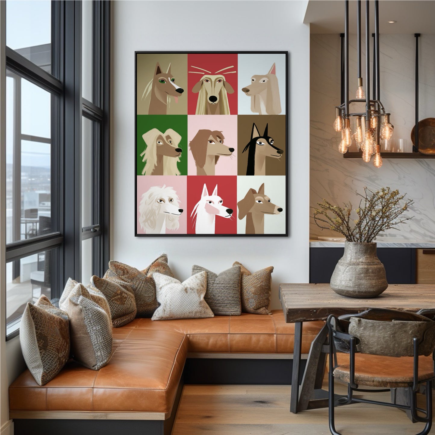 Bold pop art above a leather banquette adds a quirky, warm focal point to the industrial-chic dining nook by the window.
