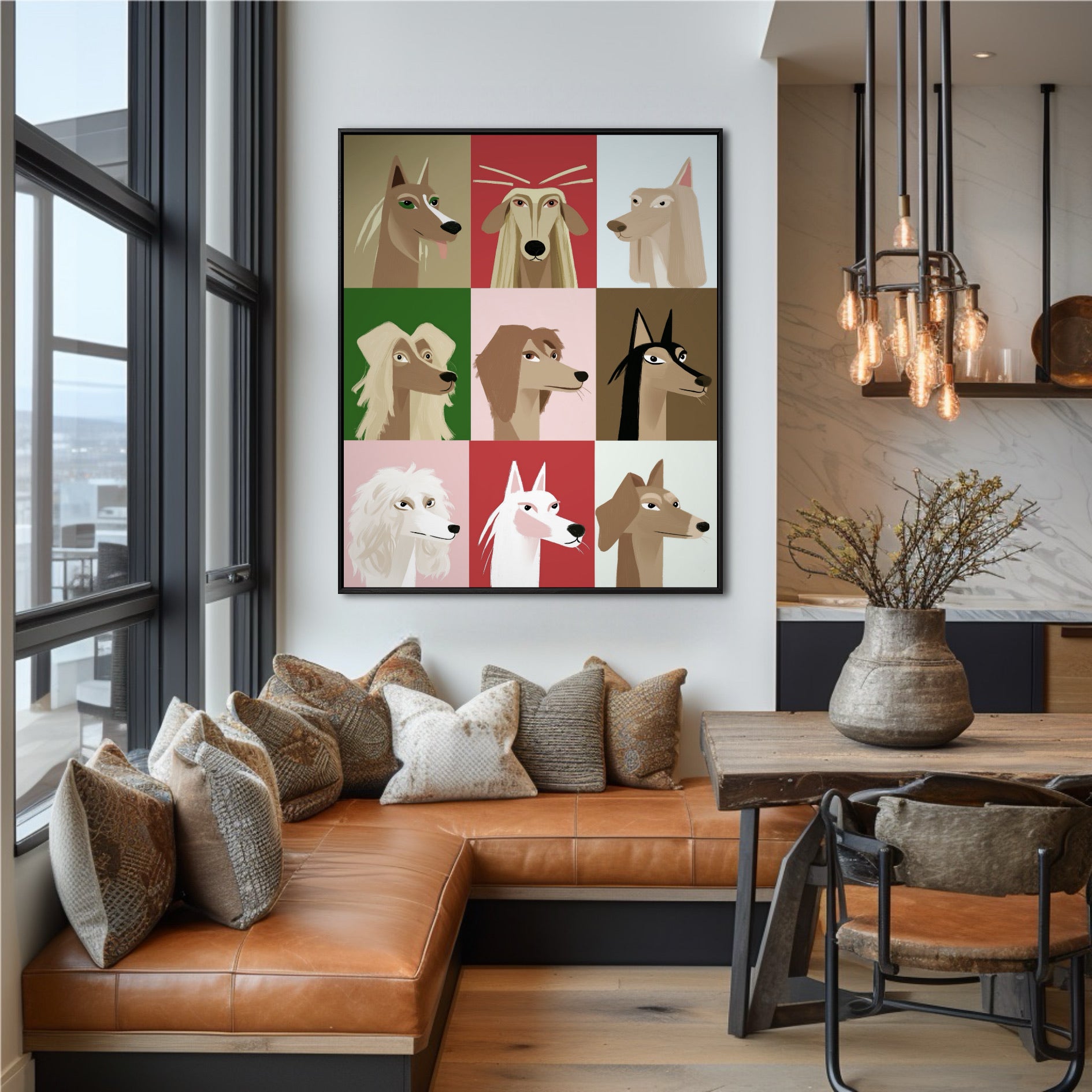 Bold pop art above a leather banquette adds a quirky, warm focal point to the industrial-chic dining nook by the window.