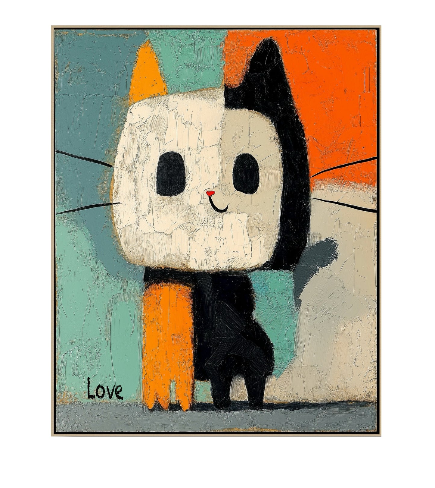 Original modern whimsical cat portrait painting. Abstract color block art, vertical, with high texture. Cool blue/orange color contrast.