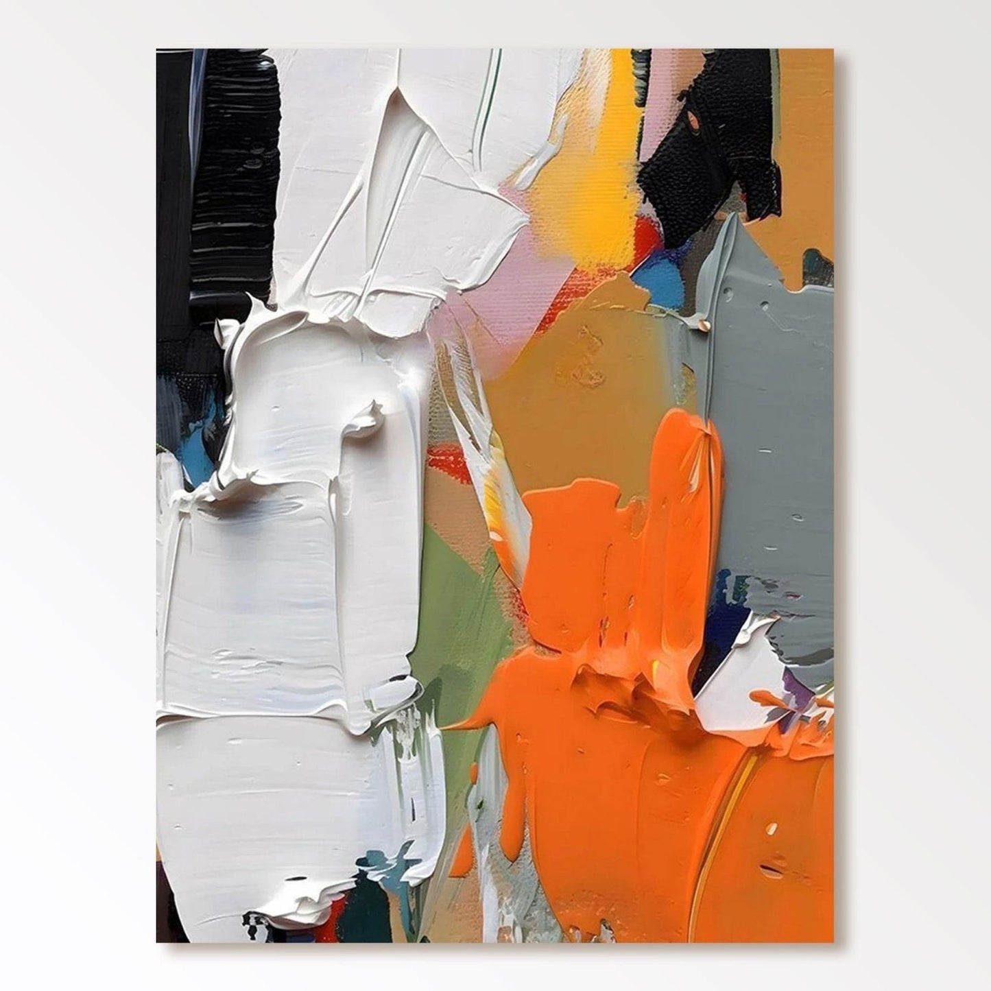 Original hand-painted abstract art: Heavy texture, vibrant orange and white palette, warm tone, expressive movement, contemporary modern decor.