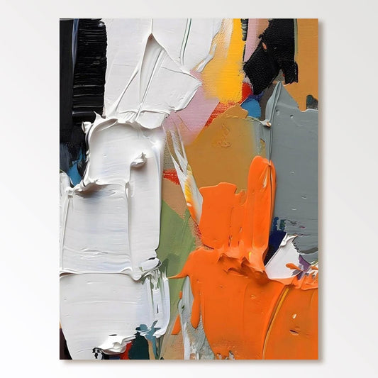 Original hand-painted abstract art: Heavy texture, vibrant orange and white palette, warm tone, expressive movement, contemporary modern decor.