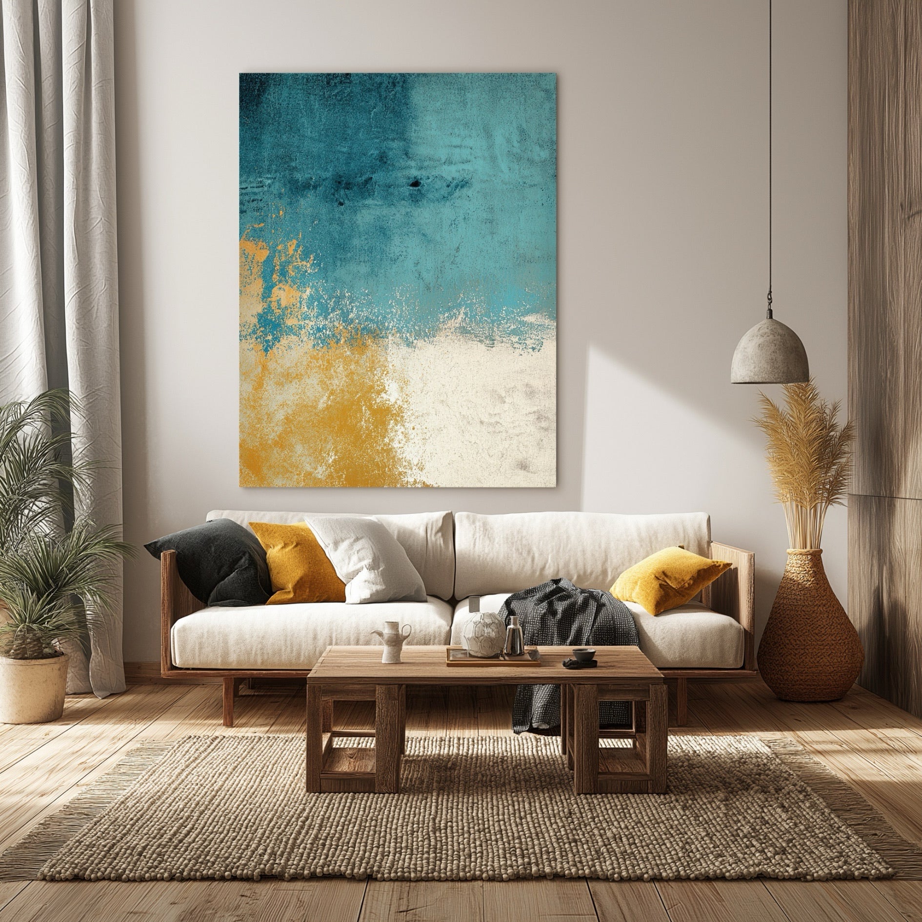 A calming original coastal abstract painting introduces serene blue and warm gold hues to a neutral Japandi-style living room sofa.