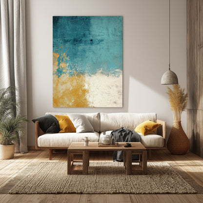 A calming original coastal abstract painting introduces serene blue and warm gold hues to a neutral Japandi-style living room sofa.