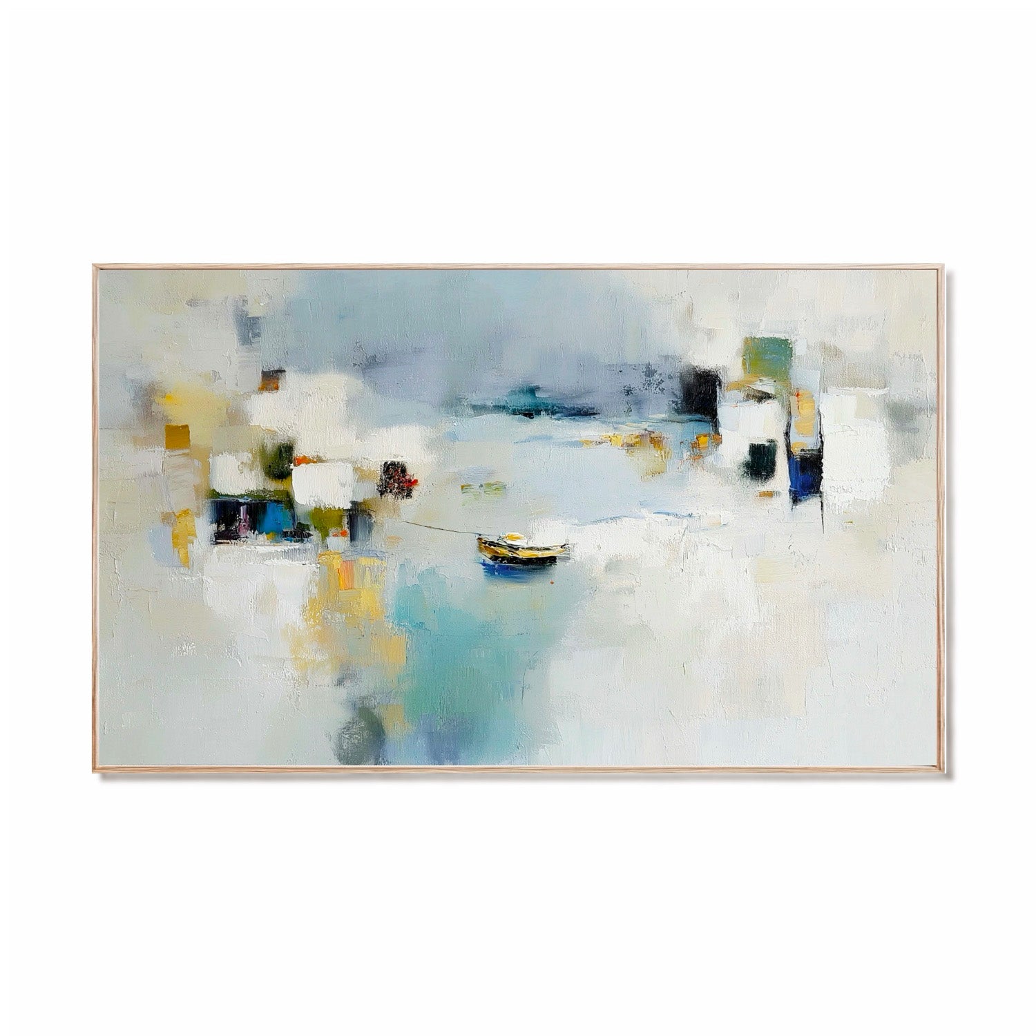 Original hand-painted abstract harbor oil art. Cool blue, white, & yellow reflection with boat, contemporary coastal style.