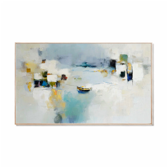 Original hand-painted abstract harbor oil art. Cool blue, white, & yellow reflection with boat, contemporary coastal style.