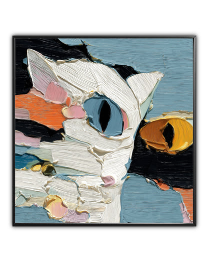 Original abstract thick texture cat painting, modern white and blue feline portrait with orange, impasto hand-painted style art.