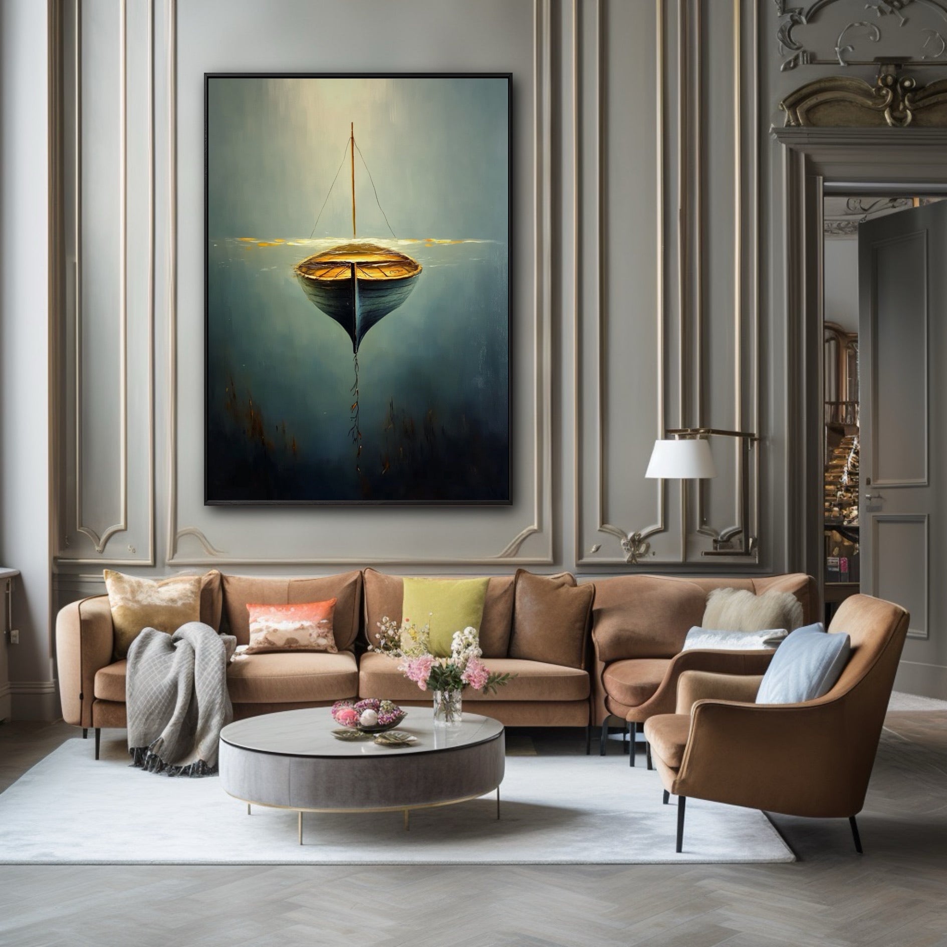 A large surreal boat painting adds a modern, artistic focal point, contrasting with the classic grey wall molding in this luxe room.