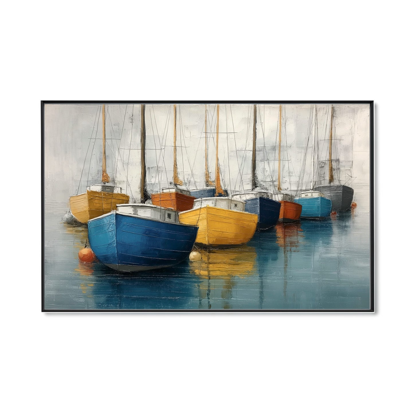 Original hand-painted impressionistic boat art. Warm/cool tones, textured brushstrokes, coastal marine theme, tranquil harbor scene.