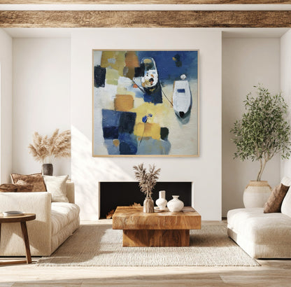 Abstract painting balances a rustic, high-contrast bohemian living room; warm wood beams/table and textured neutral sofas highlight the artwork's cool blue shades.