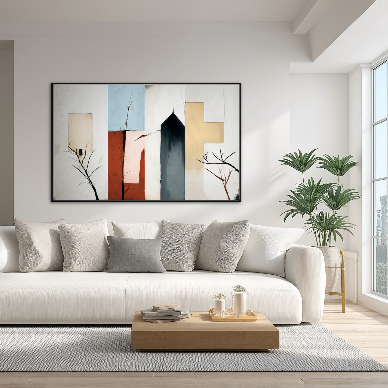 Bold abstract painting provides crisp, graphic color above a low-profile white sofa, contrasting with the pale wood and tall potted plant.