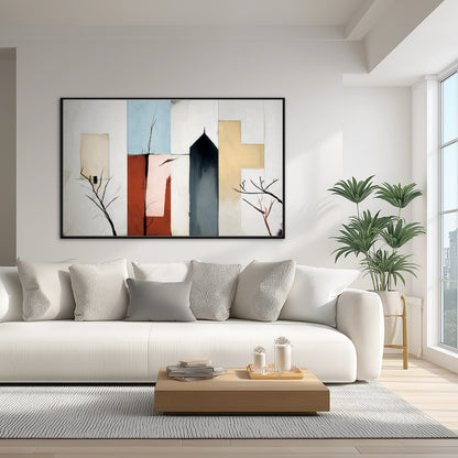 Bold abstract painting provides crisp, graphic color above a low-profile white sofa, contrasting with the pale wood and tall potted plant.