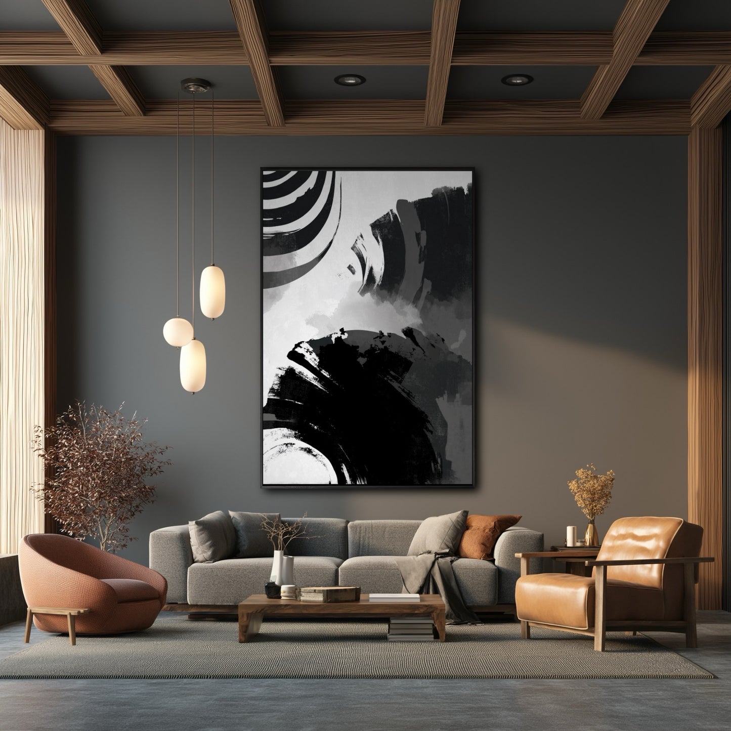 Large black and white painting on a dark grey wall in a moody Japandi living room with a coffered wood ceiling.