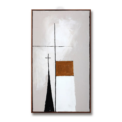 A calm, minimalist, hand-drawn oil painting: a vertical church landscape in rustic strokes, warm, and brown tones.			