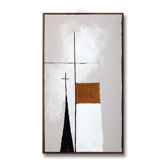 A calm, minimalist, hand-drawn oil painting: a vertical church landscape in rustic strokes, warm, and brown tones.			