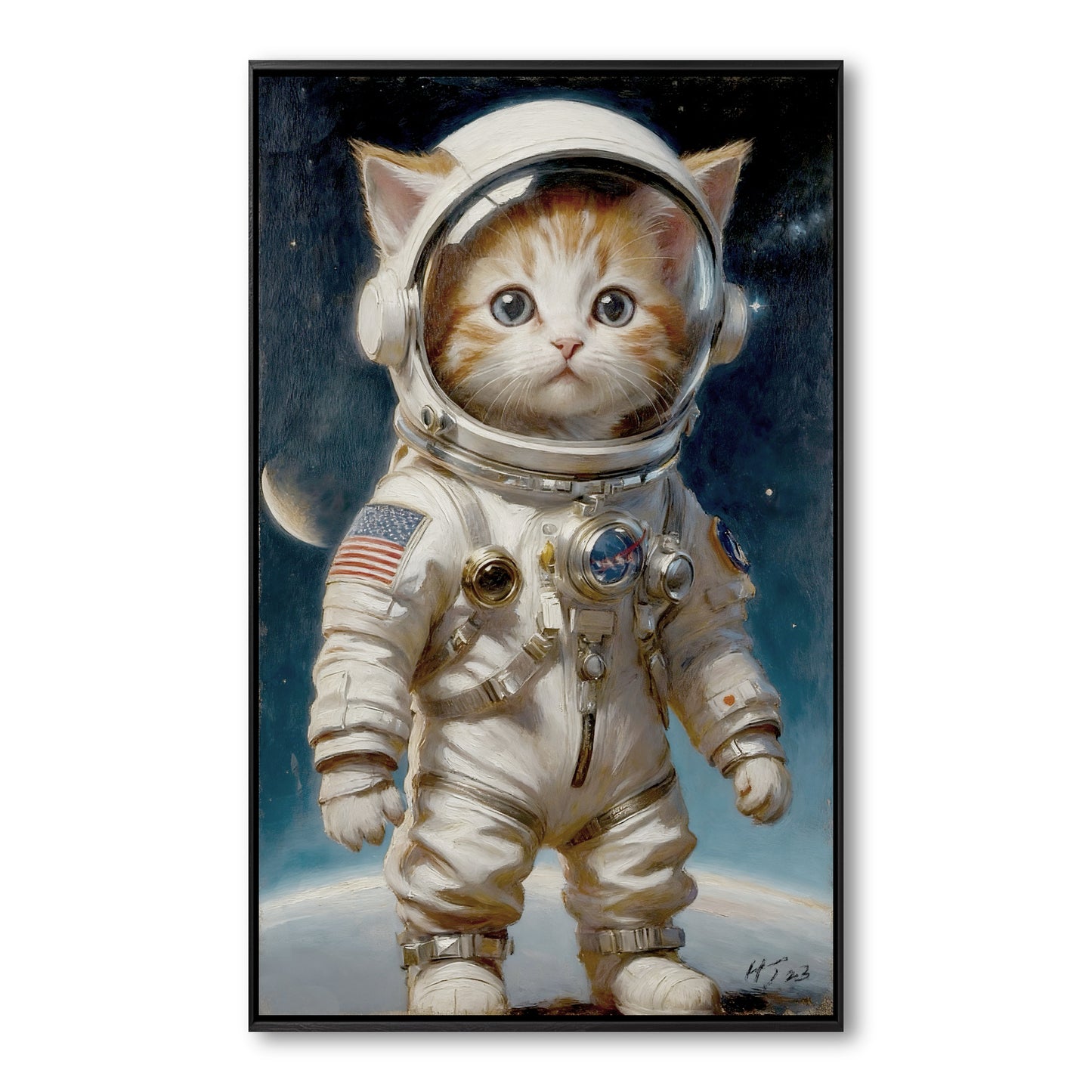 An original oil painting of a small, wide-eyed orange and white kitten wearing a full astronaut suit, standing on a planet.