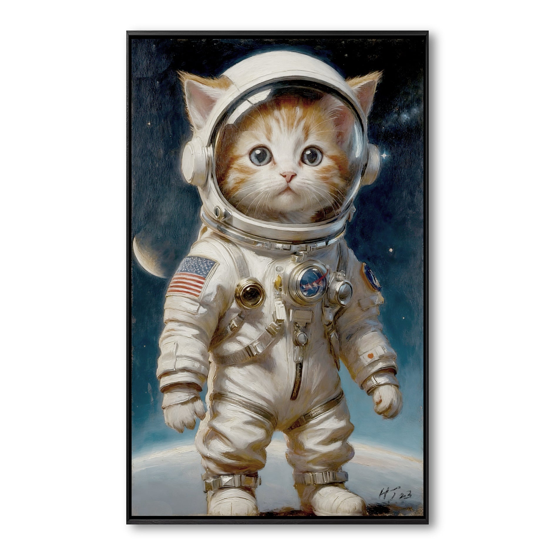 An original oil painting of a small, wide-eyed orange and white kitten wearing a full astronaut suit, standing on a planet.