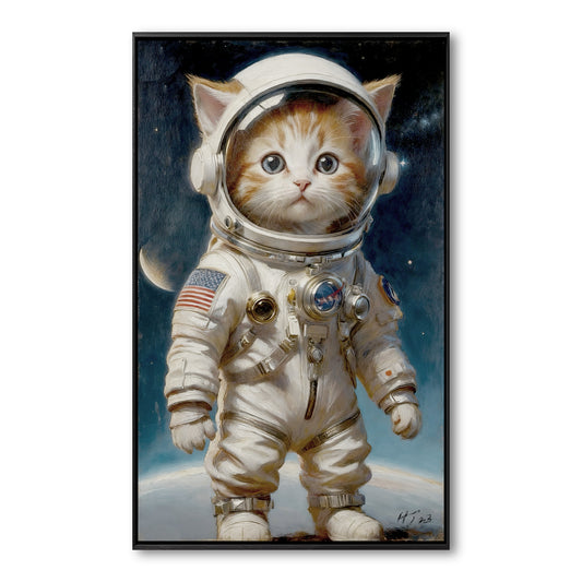 An original oil painting of a small, wide-eyed orange and white kitten wearing a full astronaut suit, standing on a planet.