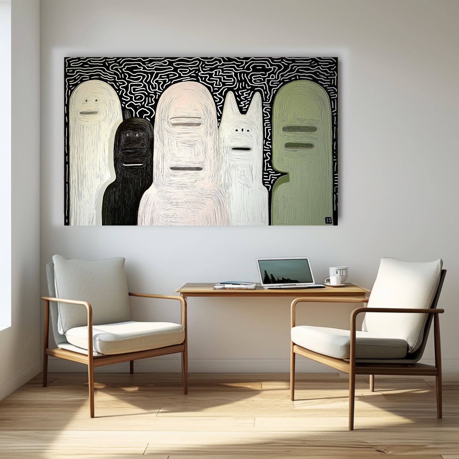 Horizontal original textured painting anchors a minimalist home office with light wood furniture, offering artistic depth to the workspace.