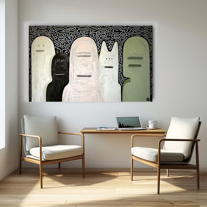 Horizontal original textured painting anchors a minimalist home office with light wood furniture, offering artistic depth to the workspace.