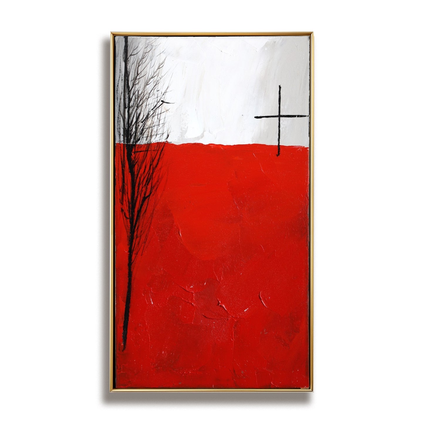 A sophisticated, bold, minimalist hand-drawn oil painting: a vertical geometric field in rustic strokes, warm, and red tones.