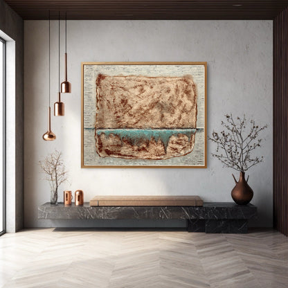 A large, textured abstract painting hangs in a modern minimalist hall above a marble bench, flanked by copper pendant lights.