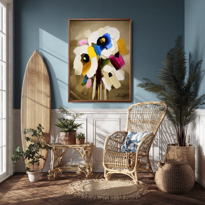 Textured flower painting in a coastal room. Blue walls and surf decor highlight the artwork's cool blue and warm tones.